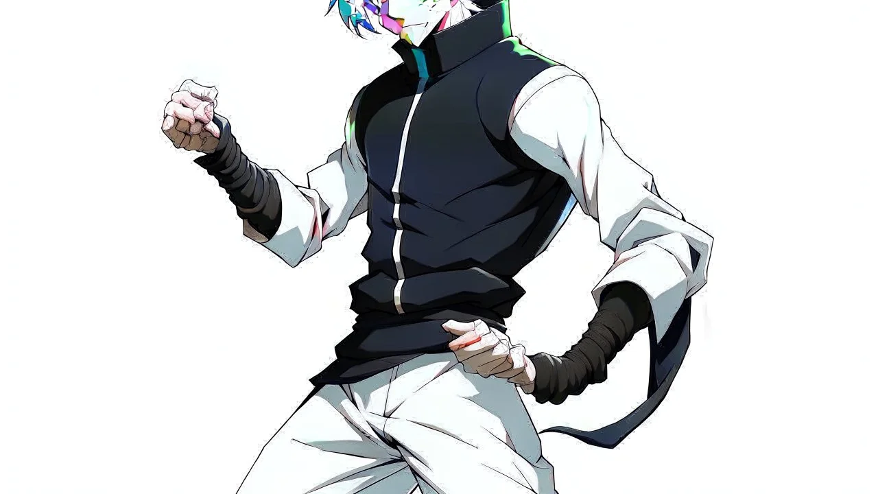 Satoru Gojo is a young guy white hair blue eyes black turtleneck without arms white loose pants in a defensive pose