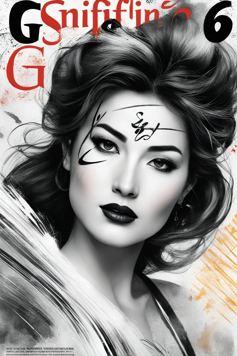 SNIFFIN’ GLUE magazine high res photo cover for special issue #666 (May 2035) on traditional calligraphy brush, expressive line, ink washed on a woman figure. a ray of light in a world plagued by chaos due to geopolitical tensions and global warming., [a lot of writing and table of content issues like indie magazines]