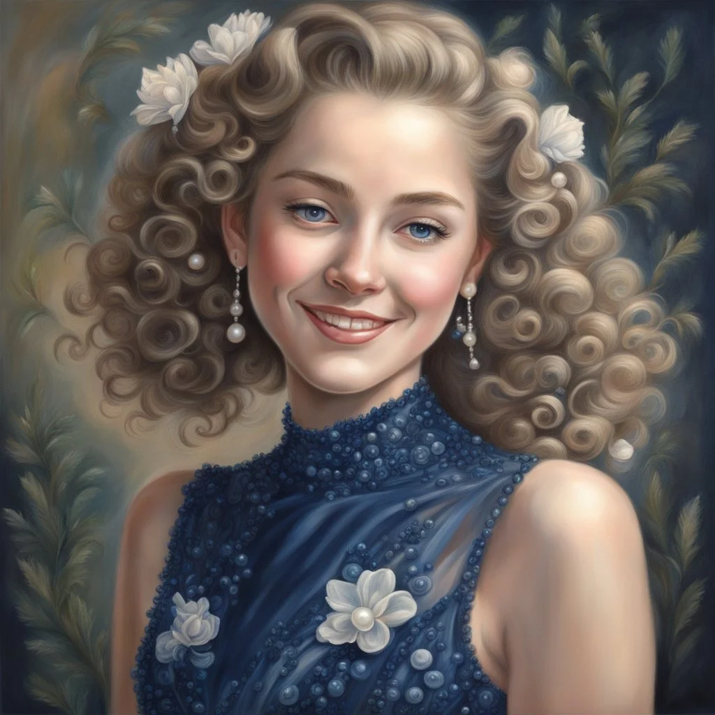 sweet, very fashionable girl, beautiful 20 years old, midnight blue beaded dress, pearl, flowers, light curls, curls, slicked back hair, sweet smile, olive bright eyes, perfect proportions, perfect face, perfect anatomy, perfect hands, sophisticated, backlight , atmospheric, oil painting, pastel pencil, volumetric hyperrealism, over-detailed, photorealistic, professional photography, high quality, clear focus playground