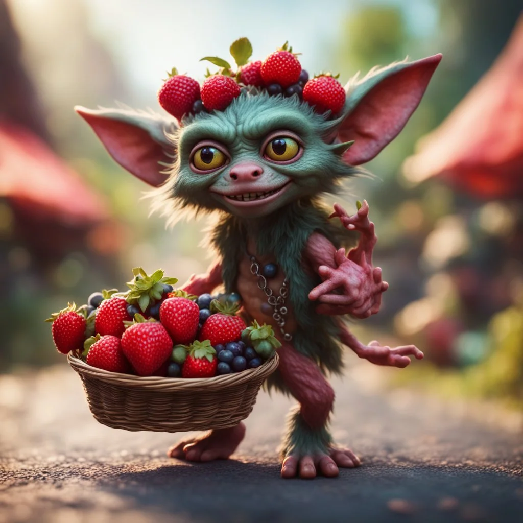 hairy groove funk heavy metal gremlin kobold strawberry beast hippie with long eyebrows holding a basket of berries,bokeh like f/0.8, tilt-shift lens 8k, high detail, smooth render, down-light, unreal engine