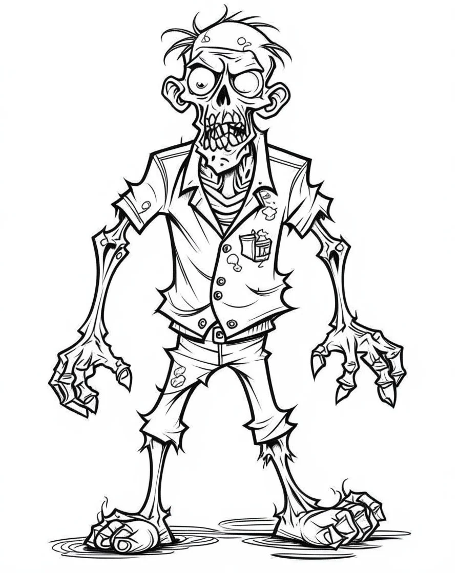 cartoon zombie, coloring image, full body (((((white background))))), only use an outline., real style, line art, white color, clean line art, white background, Sketch style