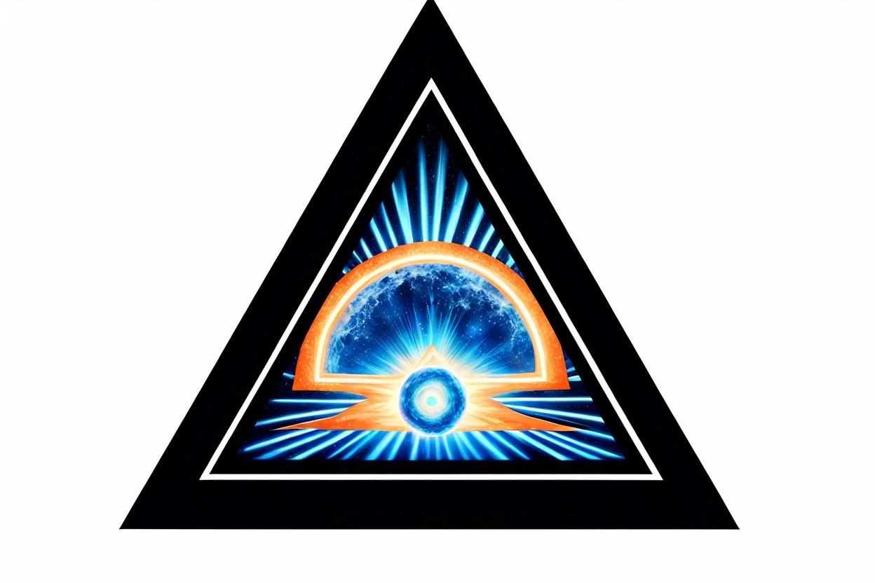a nuclear explosion cloud, behind an orange glowing omega like shape, all inside an equilateral triangle like a doorway to a different world, radiant lines, digital painting