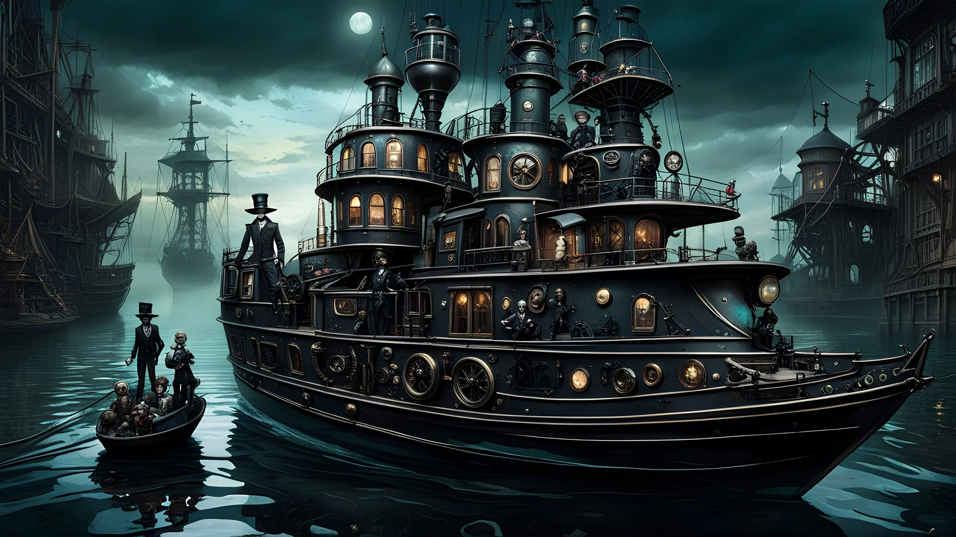 A gritty, full-body shot of an insatiably evil black opal iridescent pearlescent dark Victorian steampunk yacht with creepy mechanical dolls in a surreal landscape, with sharp ivory teeth, macabre, Dariusz Zawadzki art style, liminal spaces, horror art, dark gaming background, wet, glossy, horror art, trypophobia, eerie, intricate details, HDR, beautifully shot, hyperrealistic, sharp focus, back lit, 64 megapixels, perfect composition, high contrast, cinematic