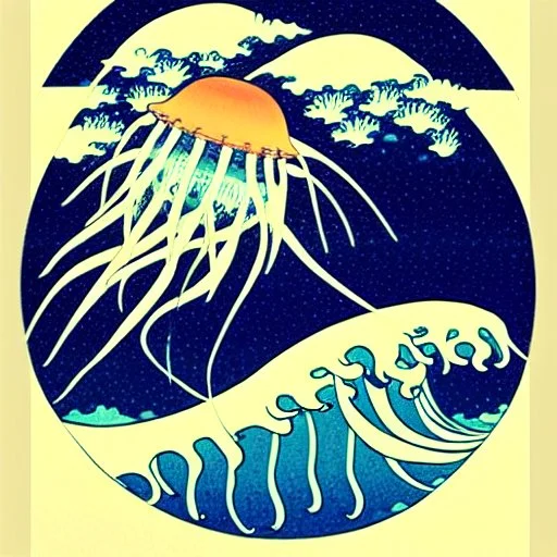 An astronaut floating in space surrounded by a halo of glowing jellyfish, done in the style of Hokusai's The Great Wave off Kanagawa