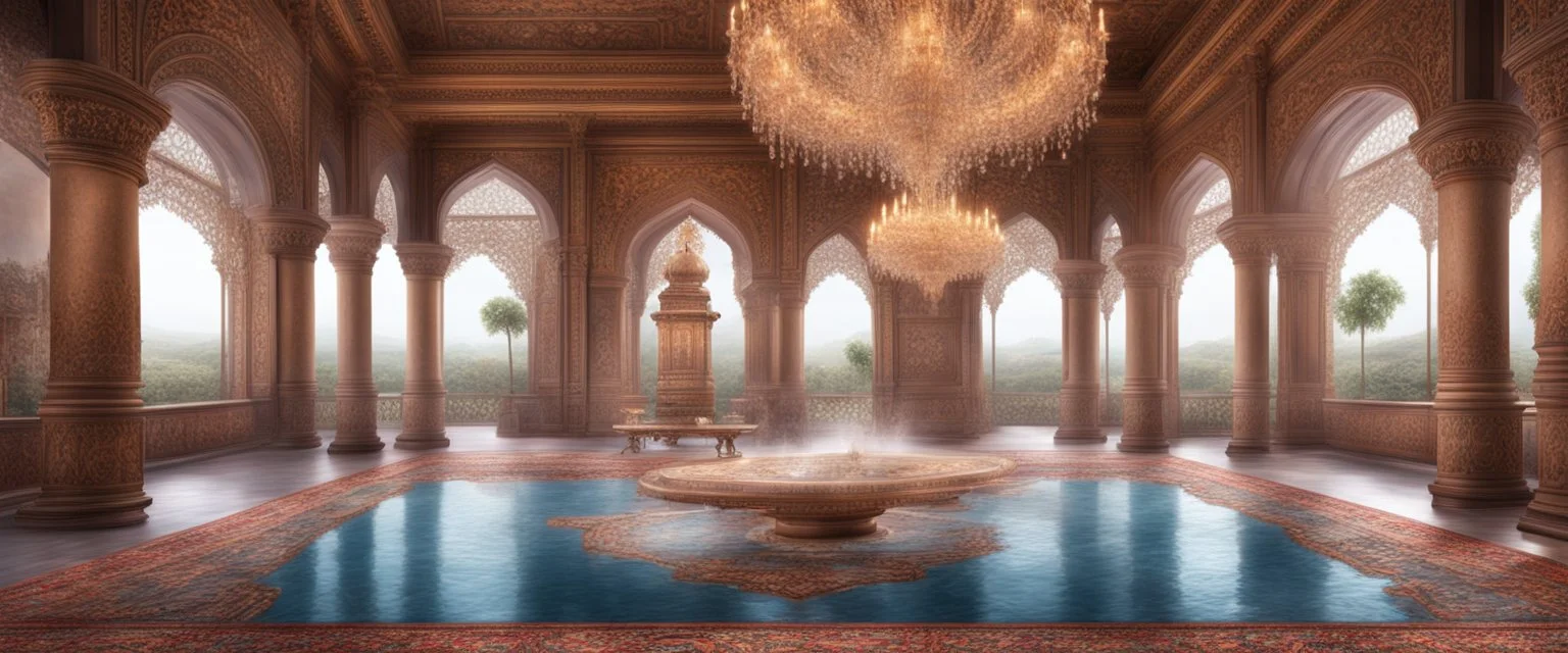 Hyper realistic detailed inside historical indian castle with chandeliers & ceiling paintings & glass work on pillars with beautiful carpet & water fountain