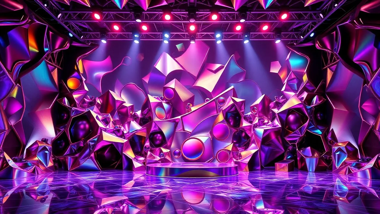 a 3d fractal stage structre made of metallic color 3d structures, pertty artistc background,dynamic lights