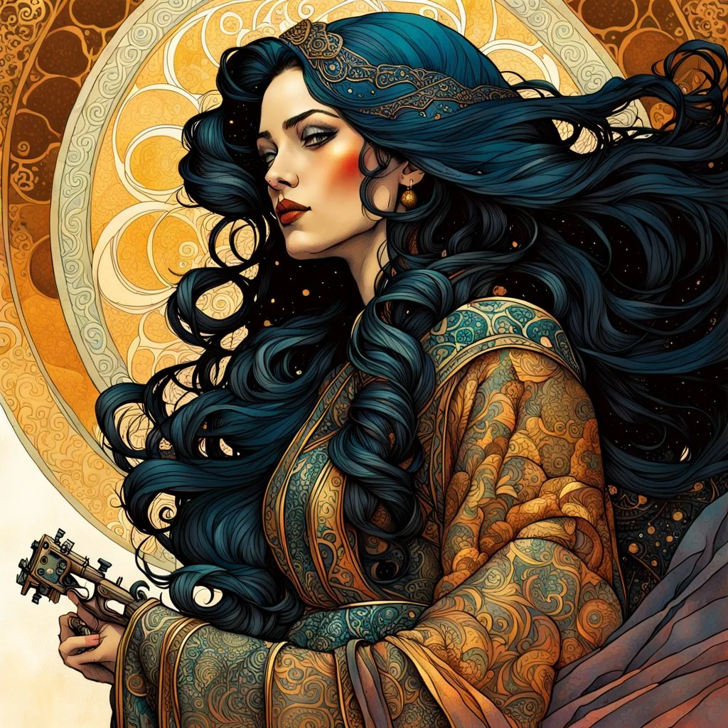 create an ethereal, darkly magical illustration of an epic female Andalusian guitarist with highly detailed and deeply cut facial features, in the style of GUSTAV KLIMT and ALPHONSE MUCHA combined with the comic art style of BILL SIENKIEWICZ and JEAN GIRAUD MOEBIUS, searing lines and forceful strokes, precisely drawn, inked, and darkly colored