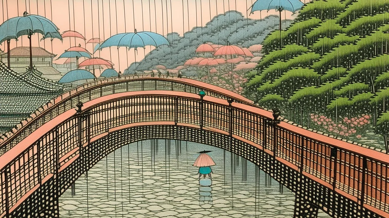 A light pink bridge in a rainstorm designed in Kuna Molas painted by Utagawa Hiroshige