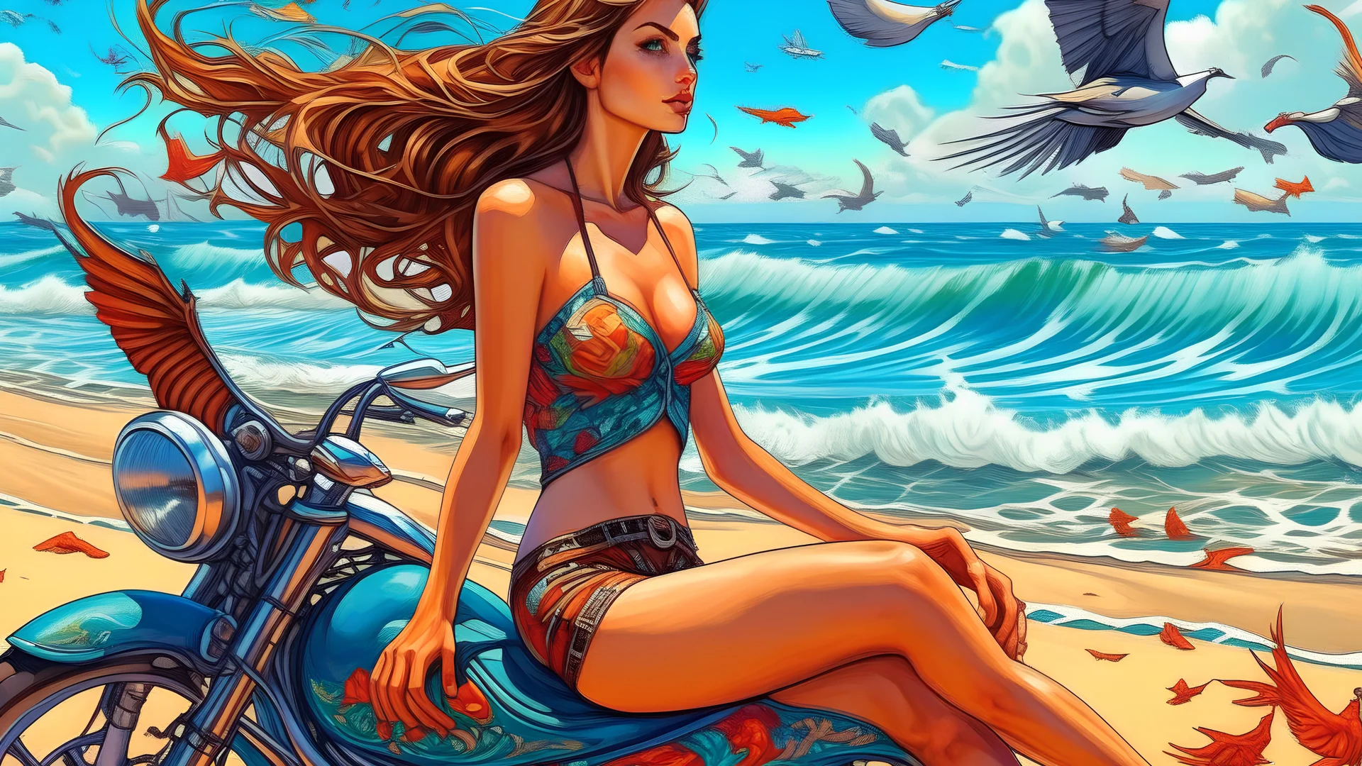 A digital painting in vibrant colors and intricate patterns of a woman in a bikini sitting on a beach next to a motorcycle, with seagulls flying overhead and waves crashing in the background