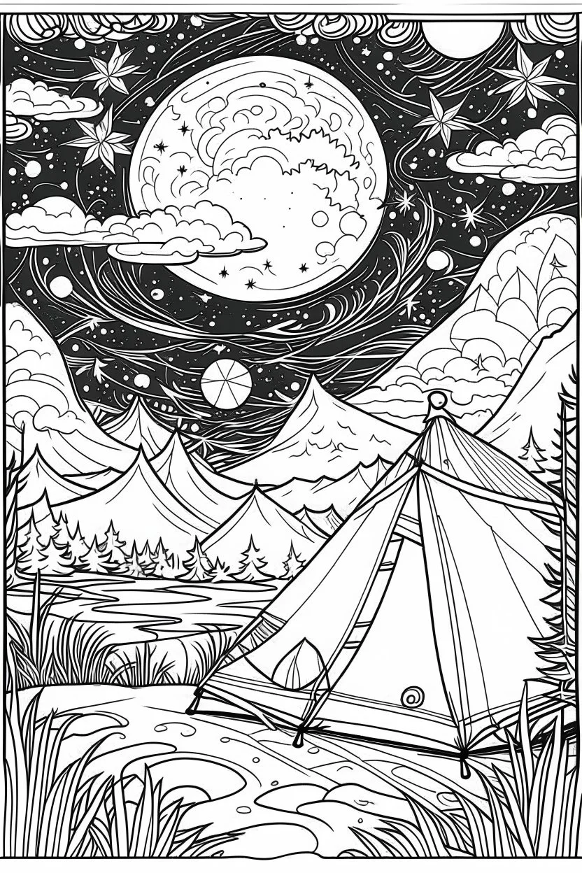 A campsite under a starry night sky, with a crackling campfire and a cozy tent, represents the freedom of simplicity and outdoor living..coloring book page, simple and clean line art, adult drawing book, black and white, crisp black lines, no shades, sharp lines, coloring book for adults, cartoon style, landscape