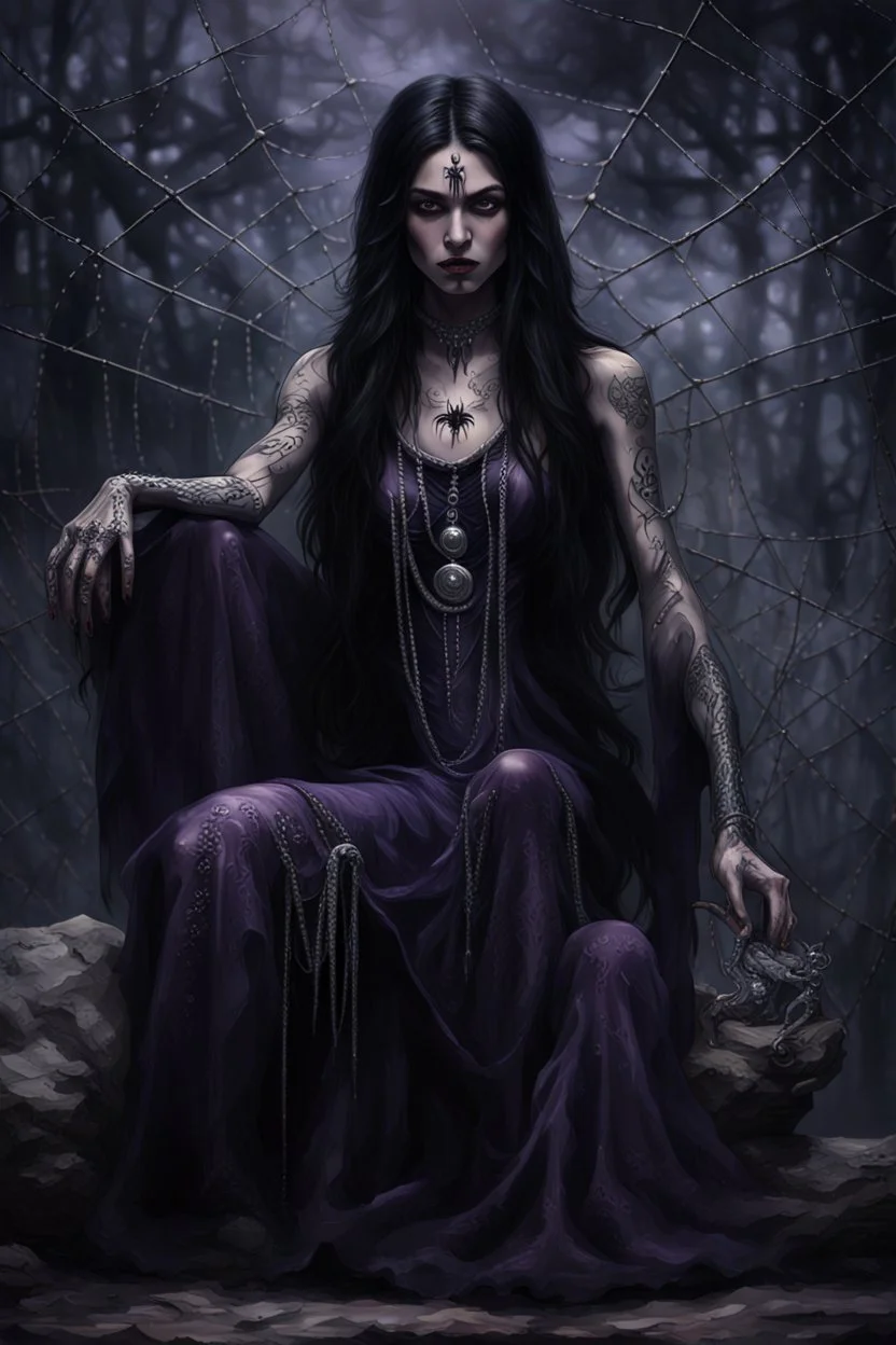 a crepy stunning witch woman with dark purple,black and silver long hair and black mystic tattoos on her body, a cold, indifferent expression, silver and black onyx jewelry, metalic shiny dress, anthropomorphic female, dark ethereal background in the corner one big spider sitts, ancient deity, by El Kazovszkij , Anton Semenov a masterpiece, 8k resolution, dark fantasy concept art, by Greg Rutkowski, dynamic lighting, hyperdetailed, intricately detailed