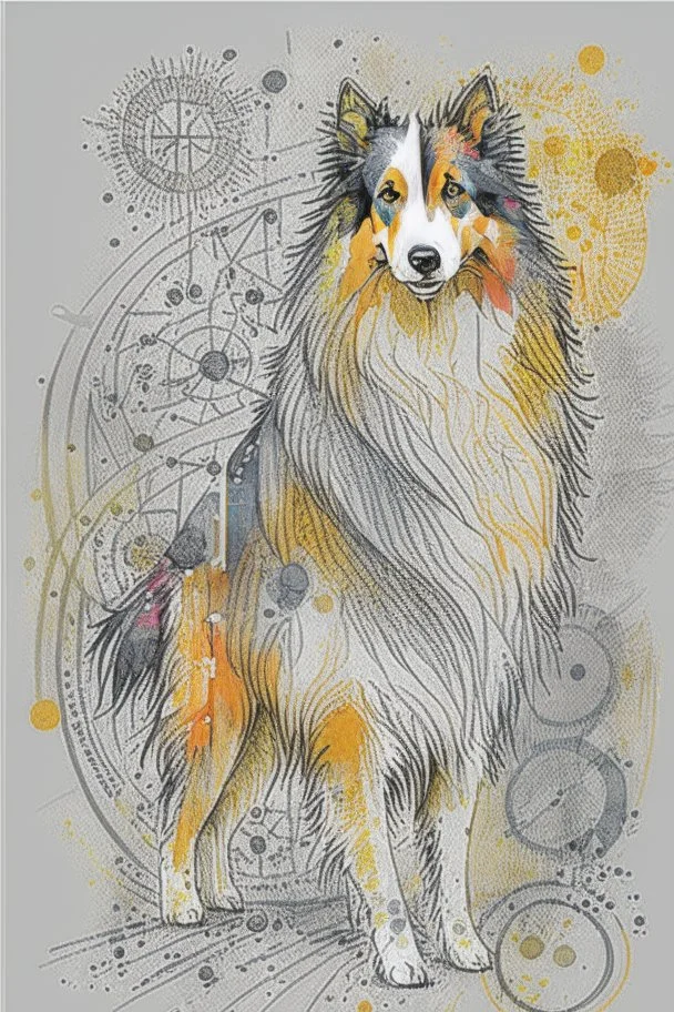 Abstract wet watercolour of a rough collie, ink lines, interlinked circles,detailed