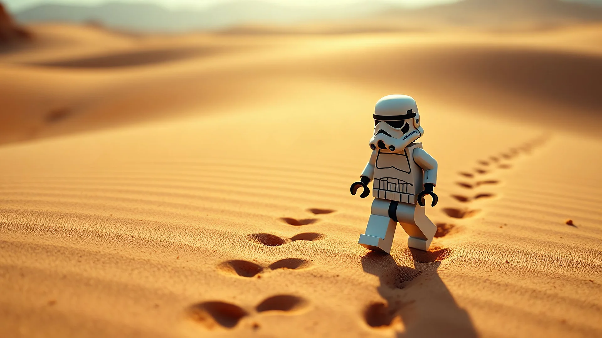 um pequeno lego stormtrooper caminhar através do deserto, deixando pegadas na areia, altamente detalhadas e realistas, 8k, iluminação volumétrica, cinema, iluminação dramática, corajoso, sujo, resistiu, fotografia, arte digital,8k,hdr,ray tracing,unreal 5,3d,lora videos,tridimencional,photorealistic