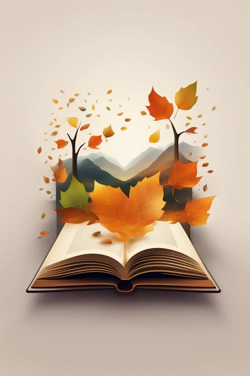 square logo , landscape with leaf fall, flying leaves in the book