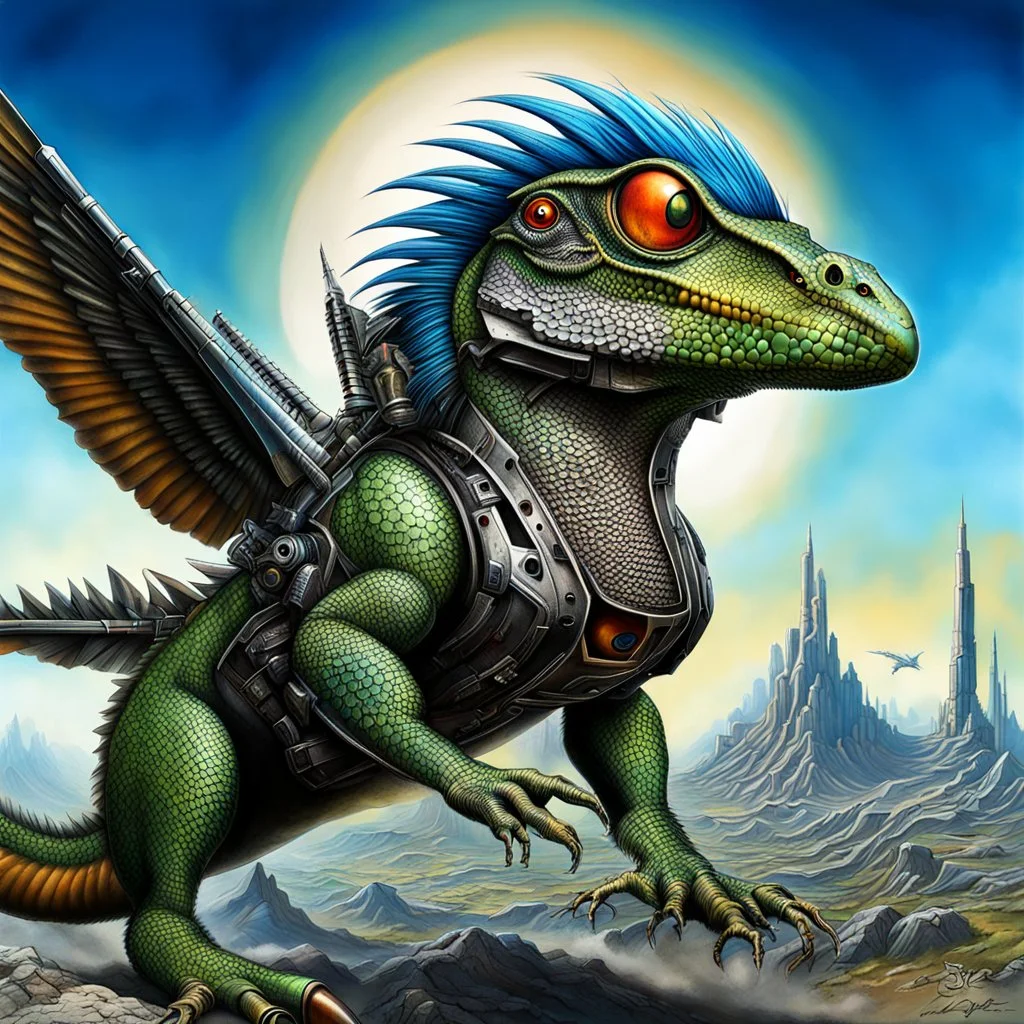 Lucky Stryker, Jet eagle lizard hybrid, biomechanical surrealism,