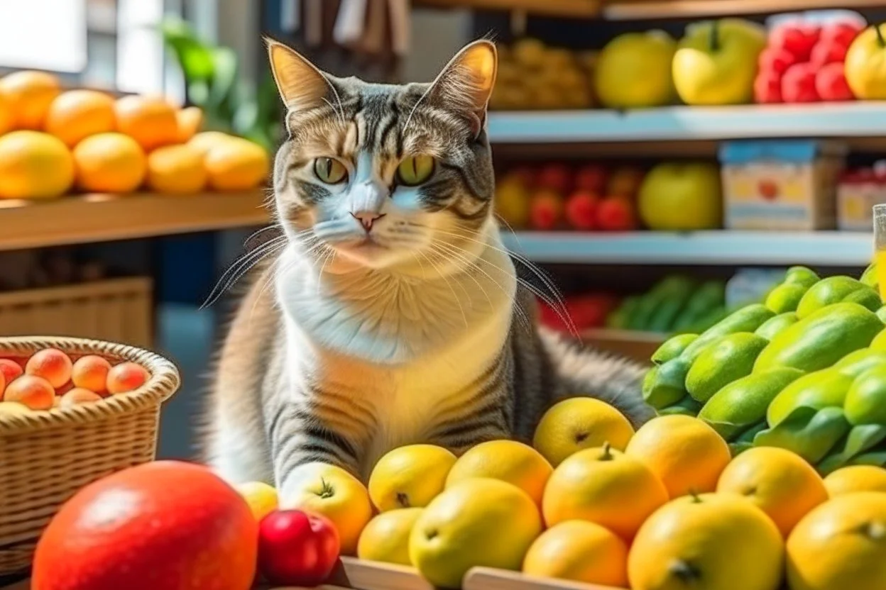 cute contented cat is shopping in a foodstore in sunshine. Food, fruits