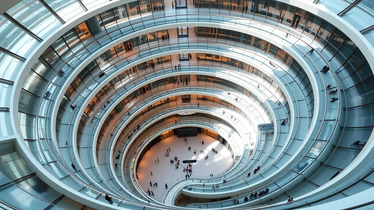 A modern art museum with a circular spiral design, built from a seamless blend of glass and steel. The entire building spirals upward from a wide base to a narrow point, and each level is interconnected by winding walkways. The structure appears to move in a continuous flow, drawing visitors toward its central, open-air courtyard. Award-winning photograph.