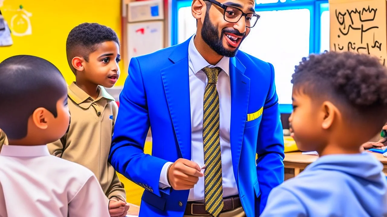 A male teacher explaining in a primary school, Egyptian complexion