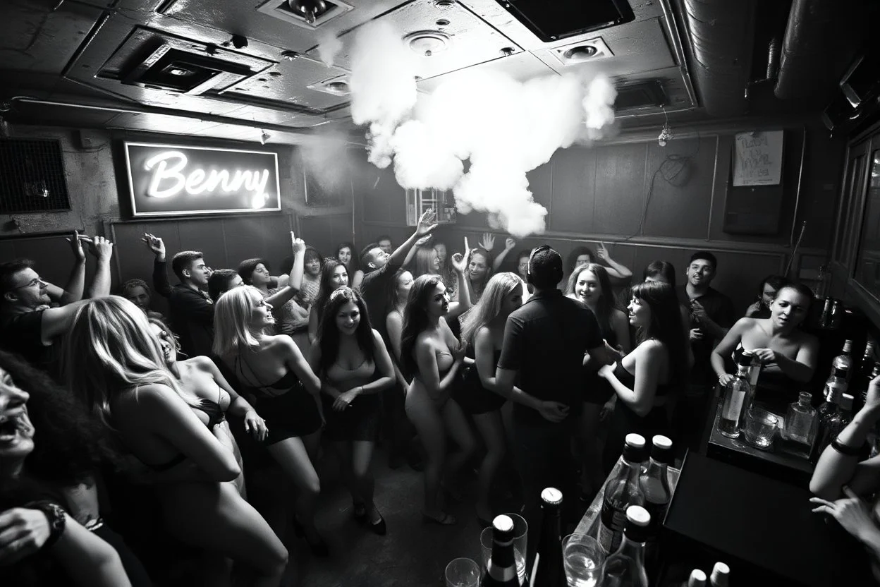 dans golv på en nedsliten sunkig techno club, många personer som dansar, yppiga kvinnor, scen rök och ljus strobes, svartvit bild, en del personer ser in i kameran och skriker: "Benny!" och en Neon Skylt med texten "DJ ROY" på väggen, DJ Roy skriker rätt in i kameran, öppen mun, mycket flaskor och glas i baren