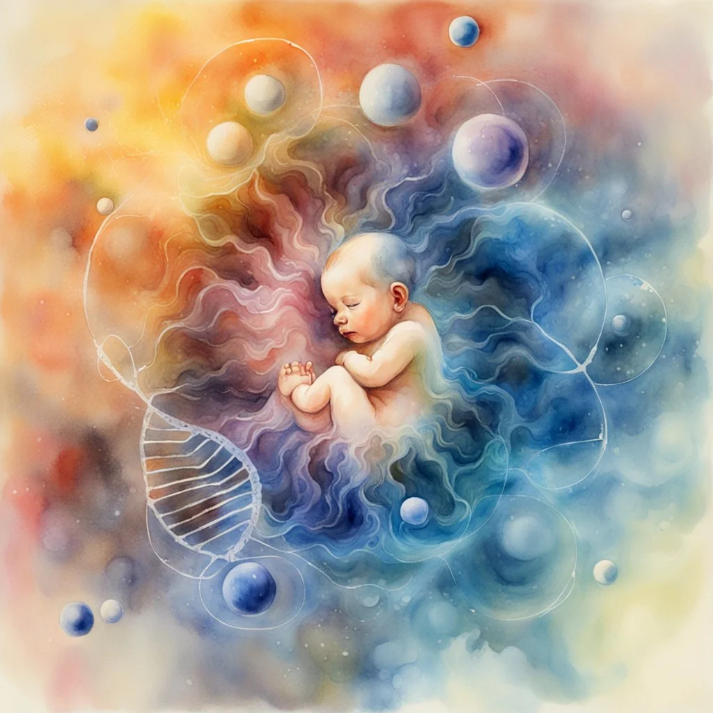 Inspiration from Nomeradona On Playground Life begins. Quantum Serenity: A watercolor depiction of the conception of a baby, illustrating the interplay of microscopic quantum particles and DNA at the molecular level, embodying calmness in action.”