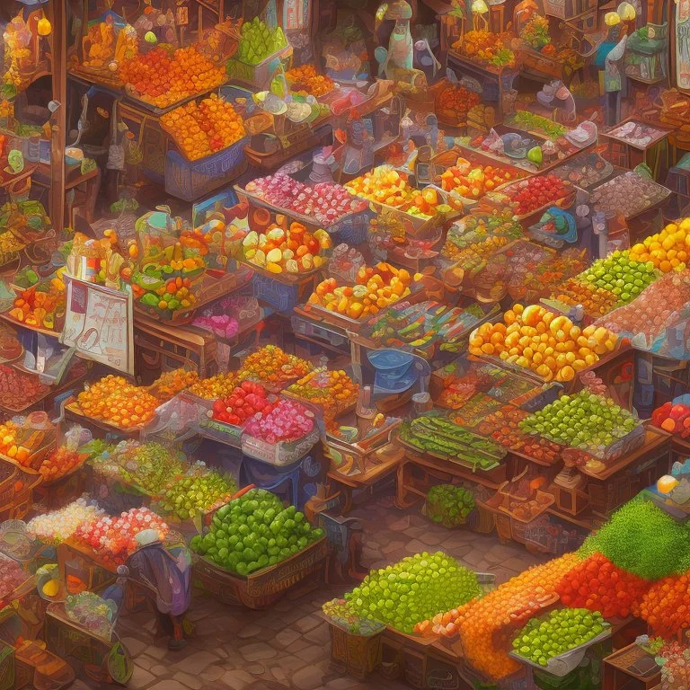 7. Generate an image of a bustling market with vendors selling exotic foods and goods.