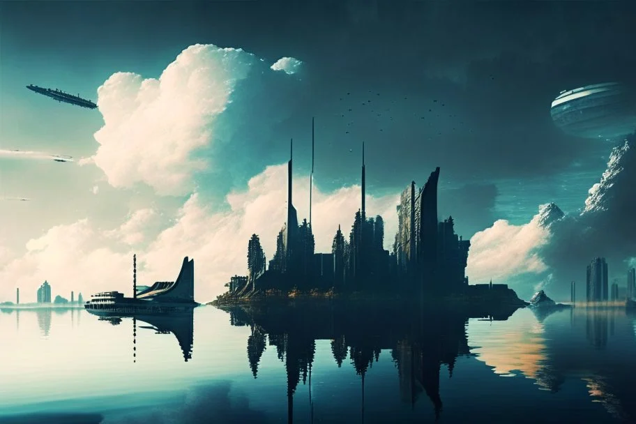 city, sci-fi, lake, ships, clouds, john foxx influence