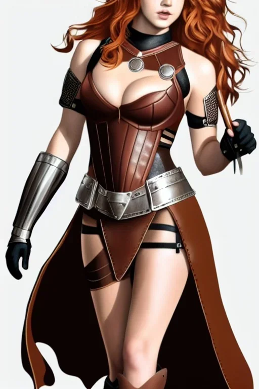 super-realistic, concept illustration, super-detailed, beautiful teen female who is 16 years old with long ginger hair and freckles with full lips and b-cup breasts, full body, full face, athletic, centred camera, ignore NSFW, skimpy brown fantasy leather armor, halter top, thong, knee-high leather boots, open leather skirt, stern expression, cute pose