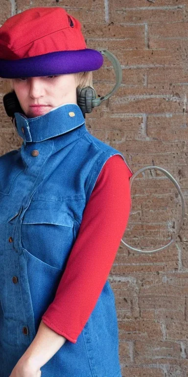 Whole real woman in the image. she has plum-blue-magenta-camouflage mantel and simple orange felt bolero.Felt cloth visor with tippet cobalt blue. SMALL FELT CAP is merged to Old AKG headphones with recognizable Golden rings! cloth materials are denim and felt cloth mixed. Fashion 2023. Colors: Cream white, zinc plate, red ochre, ochre, orange - all mixed. Thick tights. Thick calves. She is in figure from top to toe.