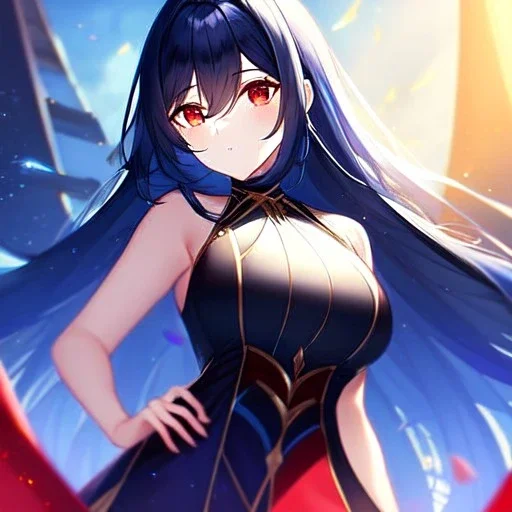 girl, masterpiece, best quality, volumetric lighting, detailed outfit, perfect eyes, dark blue hair, red eyes, long hair,