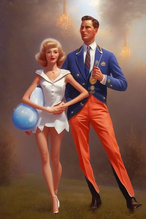 american dream painint man holding a robot girl 1950s