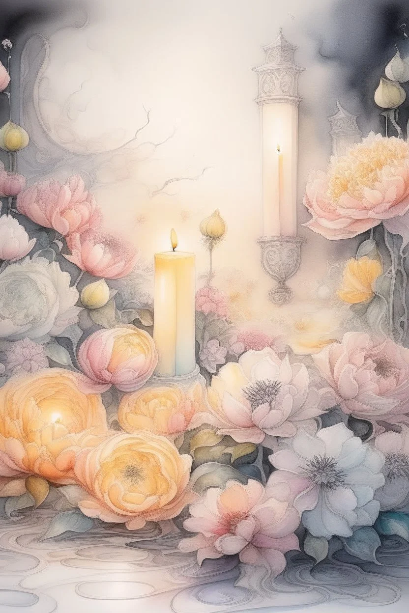 Watercolor, color, flowers, candles, purification from ghosts, subtle black ink drawing, several landscapes, collage, fog, many details,delicate sensuality, realistic, high quality,3d, work of art, hyperdetalization, professionally, filigree, hazy haze, hyperrealism, professionally, transparent, delicate pastel tones, backlight from behind, contrast, fantastic, fabulous, unreal, translucent, glowing,clear lines, horror,epic, hyperrealism.