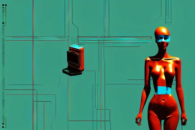 Dark green to cyan metal surfaces body paint. partl coverage metallic. Girls with slim body and big butts. Man and Russian military women. Old-fashioned cameras integrated to heads. structure Cyber-punk. Attached telephones. Dystopia perfect body. Red&blue 3D-tiling. Dystopia. Partly symmetrical in relation to machines. Perfect golden ratio in vertical and horizontal directions. Bending time-space-continuum. Polyhedron in 5th dimension Tessellation in 4-dimensional space spinal Perspective