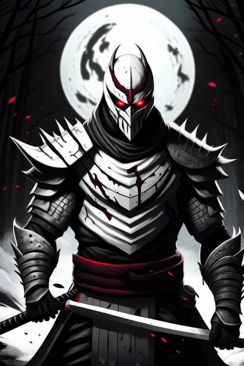 The character, depicted in a striking white armour against a dark wintry backdrop stands with his hands behind his back inside the scene, he has a red and black circular symbol on his chest like a shield, a black pointed spear with a red handle on his back, His eyes are showing a dynamic yet menacing expression and he wears a black oni mask with white teeth covering the bottom part of his mouth he has brown shoulder pads and a white karate belt with a bag attached to it. He has dark brown hair.