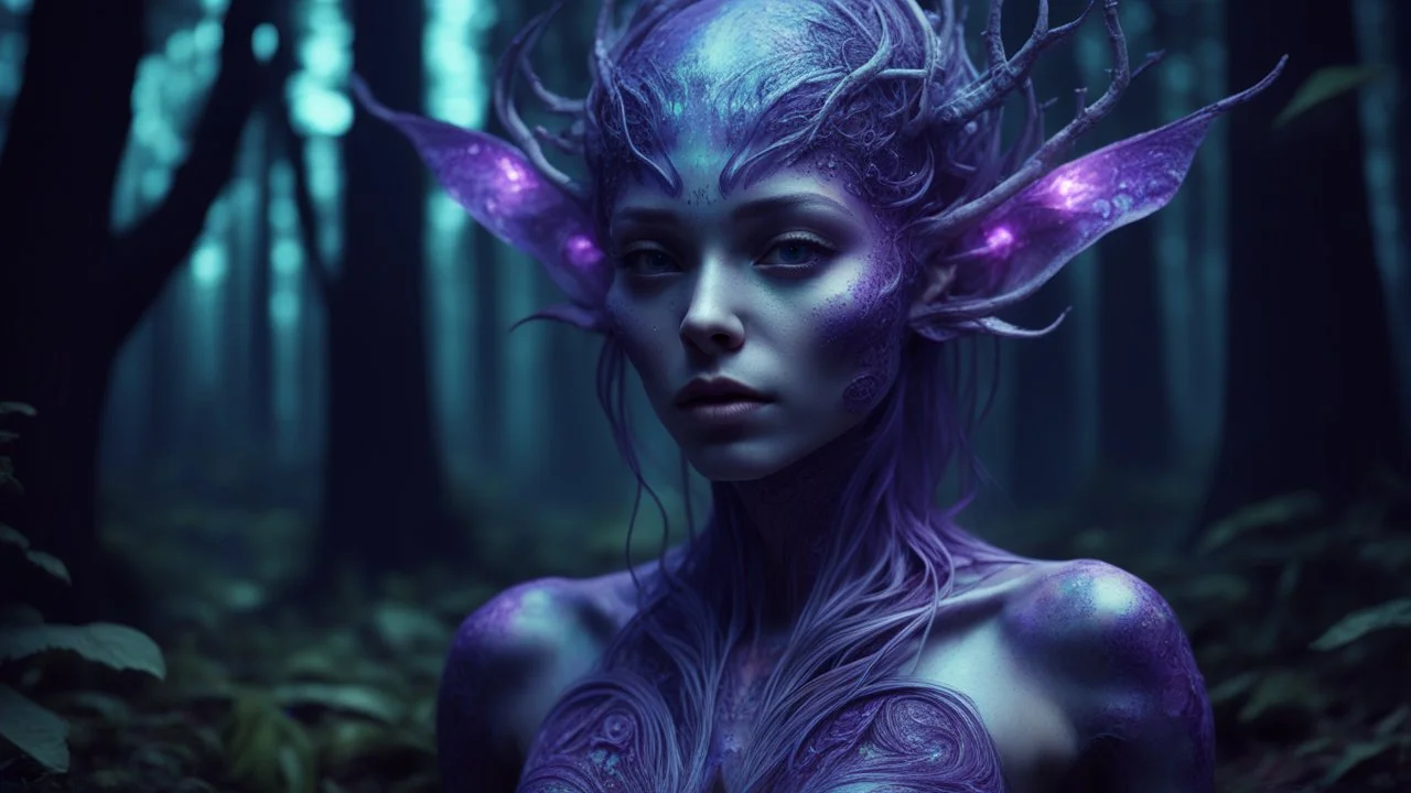 holographic glitch imitation, alien xenobiotic girl with beautiful purple body against dark night forest, split toning effect, subsurface gaussian scattering, dark fantasy, dark botany, photorealistic image, super detail, artistic elven fantasy, filigree, dark botany, ultra detail, dark botany, photorealistic image