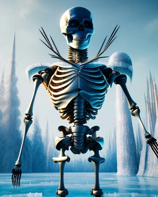 A close up of a frozen skeleton standing in a frozen lake, sharp focus, emitting diodes, smoke, artillery, sparks, racks, system unit, motherboard, by pascal blanche rutkowski repin artstation hyperrealism painting concept art of detailed character design matte painting, 4 k resolution blade runner, digital Art, perfect composition, beautiful detailed intricate insanely detailed octane render trending on artstation, 8 k artistic photography, photorealistic concept art, soft natural volumetric ci