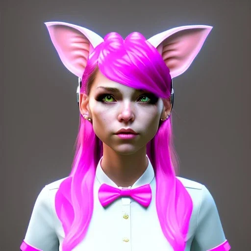 waitress teenager, cat ears headband, rounded face, pink hair, pink makeup, striped shirt, vibrant color, highly detailed, art stations, concept art, smooth, 16 bit, unreal engine 5, god rays, ray tracing, RTX, lumen lighting, ultra detail, volumetric lighting, 3d, finely drawn, high definition, high resolution.