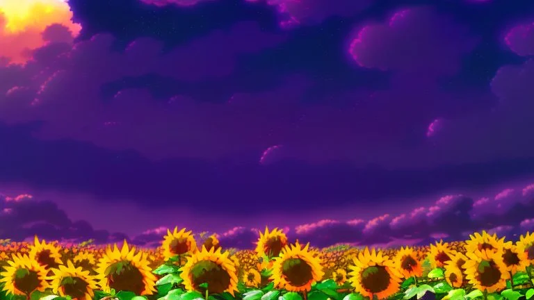 purple sky full of stars, sunflower field, anime, high res, makoto shinkai