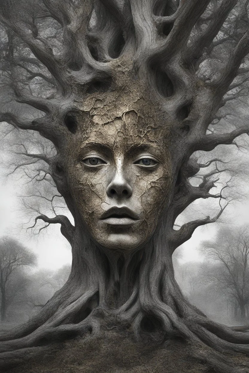 surrealis monochrome A fragmented, surreal sculpture liguid color of photorealistic image 3d,psychedelic art of a big tree surrounded by trees-glossy emerging from dreamlike a crumbling building. The face appears pale with deep cracks and intricate details, evoking a haunting expression. Blackened tree branches intertwine with the gold mengkilat cracks, set against a backdrop of stormy, cloud-filled skies. bauhaus art The overall tone is dark and moody, suggesting themes of decay and transfor