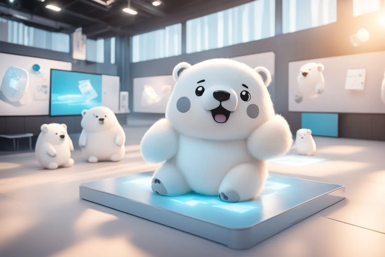 cute fluffy chibi ice bear on an exhibition room with electronic stands in sunshine