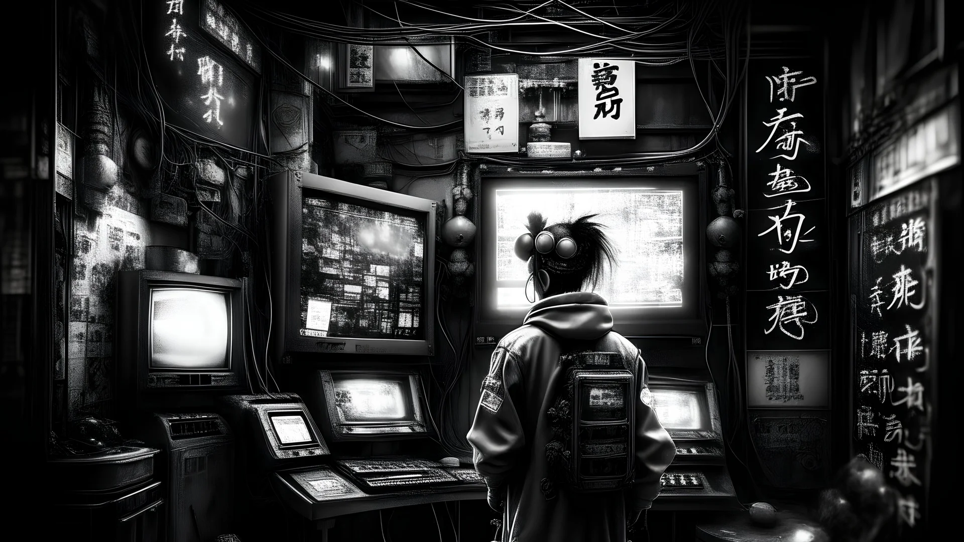 cyberpunk, Unique dada-esque mixed media composition incorporating found objects, typography, and nontraditional materials, black and white monochromatic palette, grey scale, vaporwave, neon colors, science fiction, detailed scene