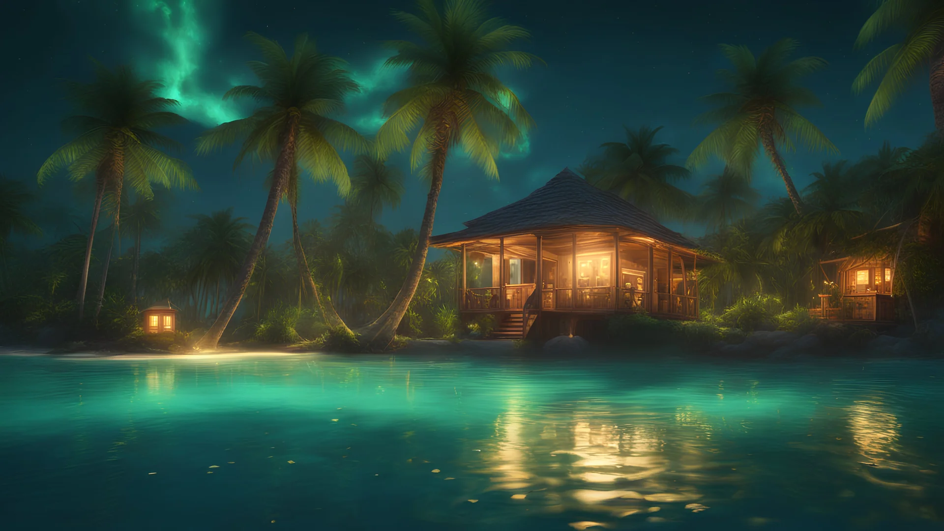 Idyllic lush green lagoon bioluminescent with palm trees and tree house with a glow from the inside a couple in love and dancing on the lagoon’s beach in 8k realistic water and real cozy look