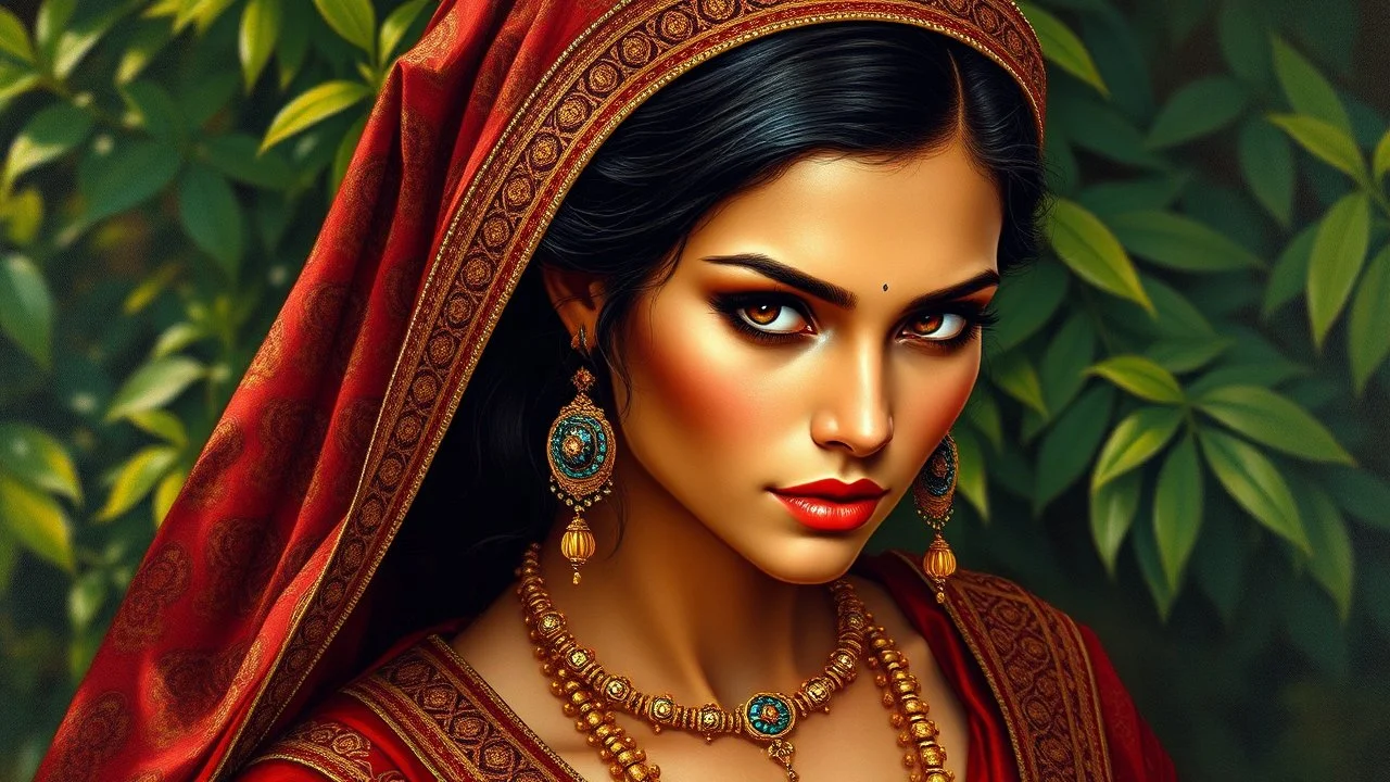 A strikingly elegant Hasnaa, her graceful features exuding wisdom and strength. This captivating portrait captures her regal beauty and commanding presence, set against a backdrop of lush greenery. Every intricate detail, from the intricate patterns adorning her clothing to the intense gaze in her eyes, is rendered with meticulous care. The image is a masterful painting, showcasing the artist's skill in capturing both the physical likeness and inner essence of its subject.