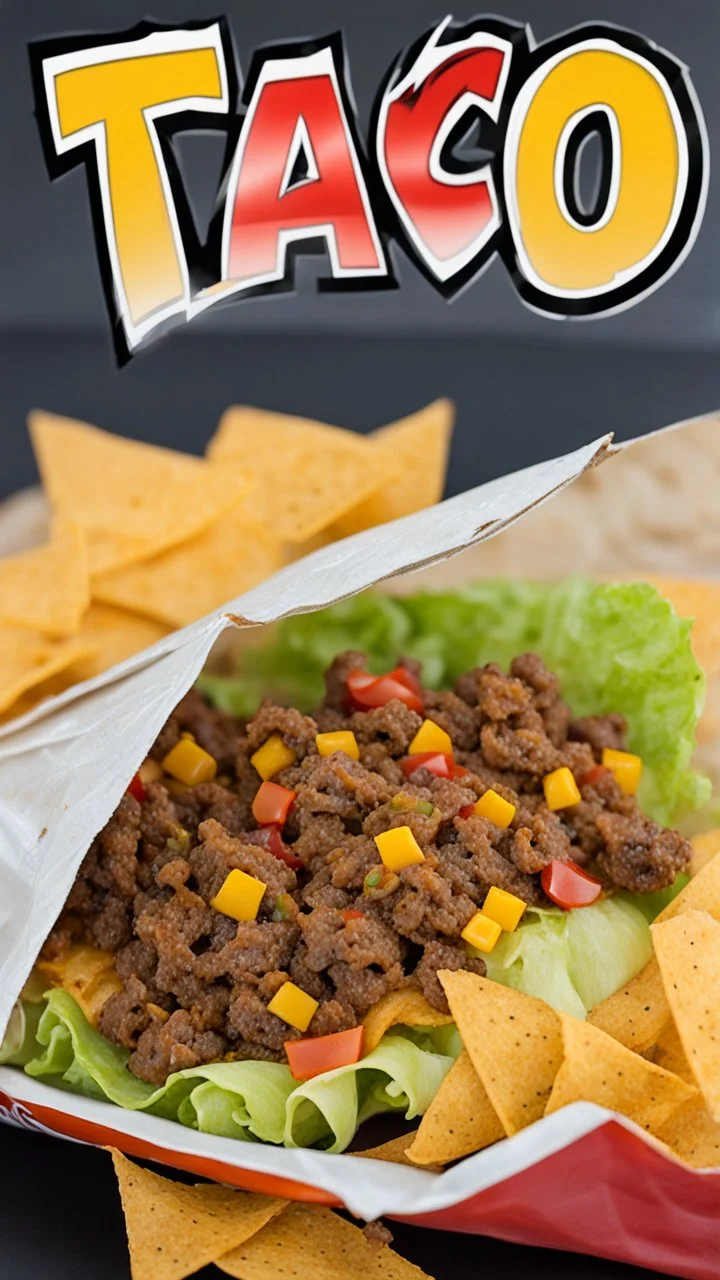 "Taco in a Bag" which consists of an open Doritos chip bag with sides rolled down, containing Doritos chips and cooked ground beef and lettuce and shredded cheese and chopped tomato pepper and onions and topped with more nacho chips, food blogger photography