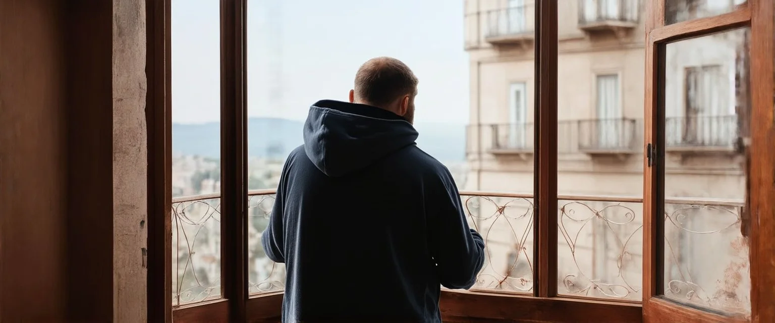 man in a hoodie is watching from the balcony painted by andrea del sarto