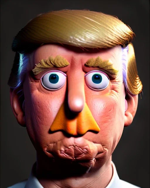 Waist up Portrait, Donald trump muppet, Sesame Street style, Wes Anderson style, photo studio, unreal engine 5, god lights, ray tracing, RTX, lumen lighting, ultra detail, volumetric lighting, 3d.