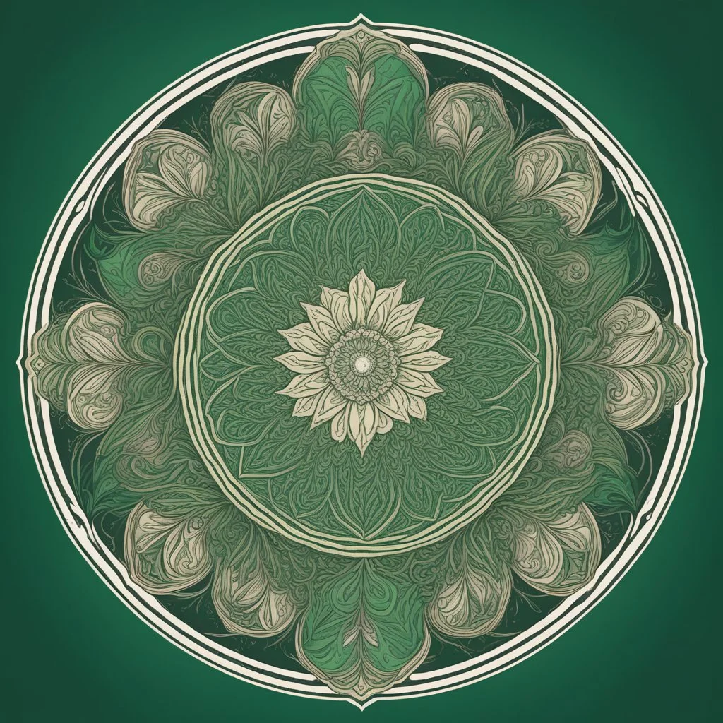 logo in a style of Mandala. Round. The logo depicts a mystical botanical motive. Thin lines. Ornament. Green