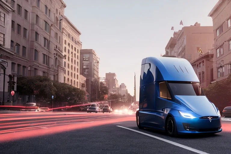 A Tesla 'Semi' (semi truck) is going at a high speed, on the streets of San Francisco. (CINEMATIC, WIDE ANGLE LENS, PHOTO REAL)