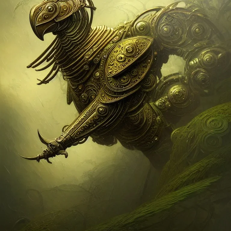 a digital art ibis in metallic gold and green battle armor, in a hurricane, a highly detailed illustration, background of Celtic jungle, realistic render, 8 k, micro detail, intricate, elegant, centered, digital painting, Artstation, smooth, sharp focus, illustration, artgerm, tomasz alen kopera, peter mohrbacher, donato giancola, joseph christian leyendecker, wlop, boris vallejo