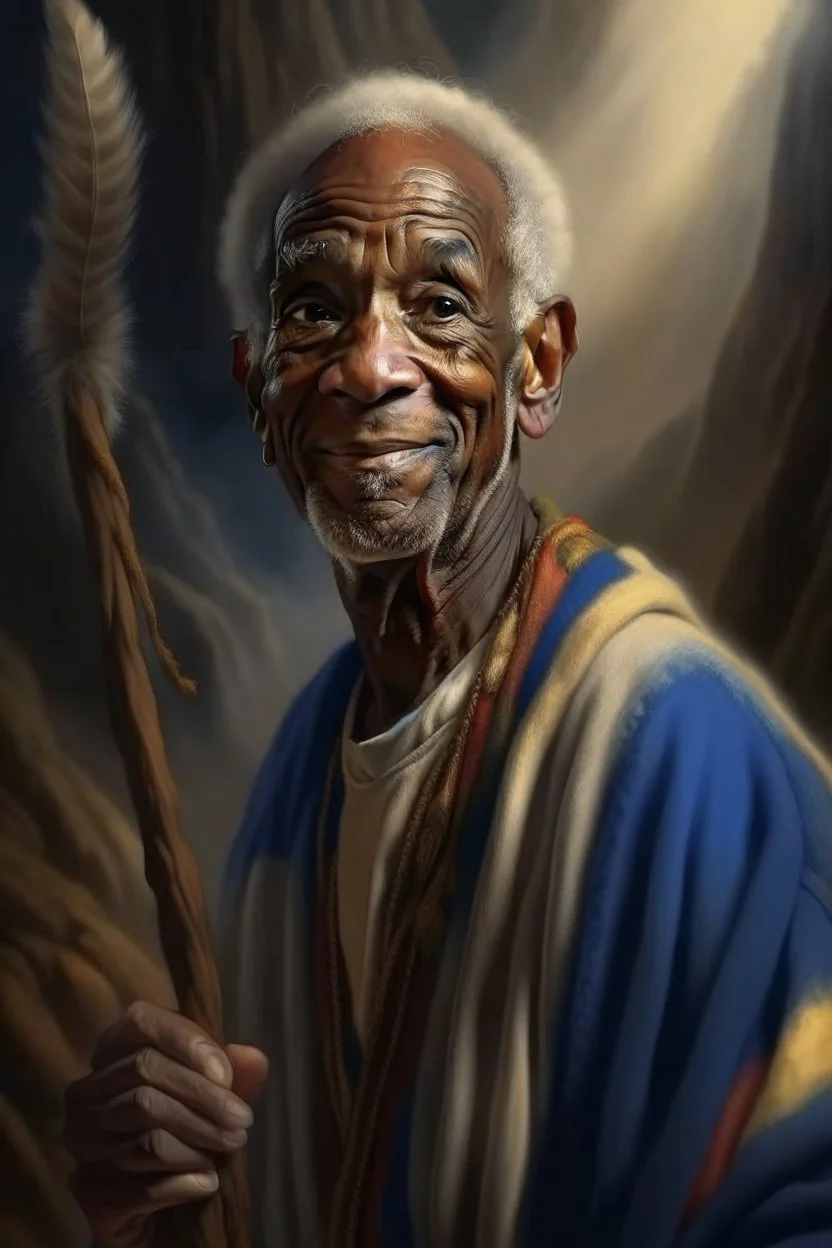 old Bill Cosby as wizard on donkey walking with a stick up the stairs to heaven, 4 k, down-light, soft light, depth of field, photo realism, trending on art station, high detail, spray paint