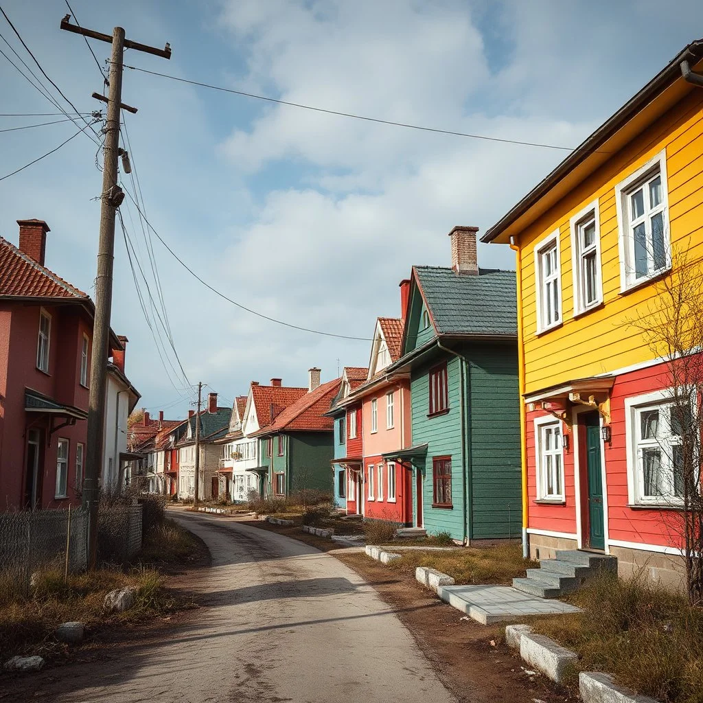Fotografia di strada random assurda e falsa orripilante Moldavia Transnistria Adighezia weirdcore dai colori vivaci. Non luogo falso, inusuale. Max Ernst. Le case sono false e dipinte di chiaro con cose stilizzate e dettagli. Ci sono strane. , che danno un senso distopico e molto surreale, disposte in modo casuale. L'atmosfera generale sembra noiosa e onirica, con un contrasto tra elementi reali ed elementi dipinti falsi, René Magritte
